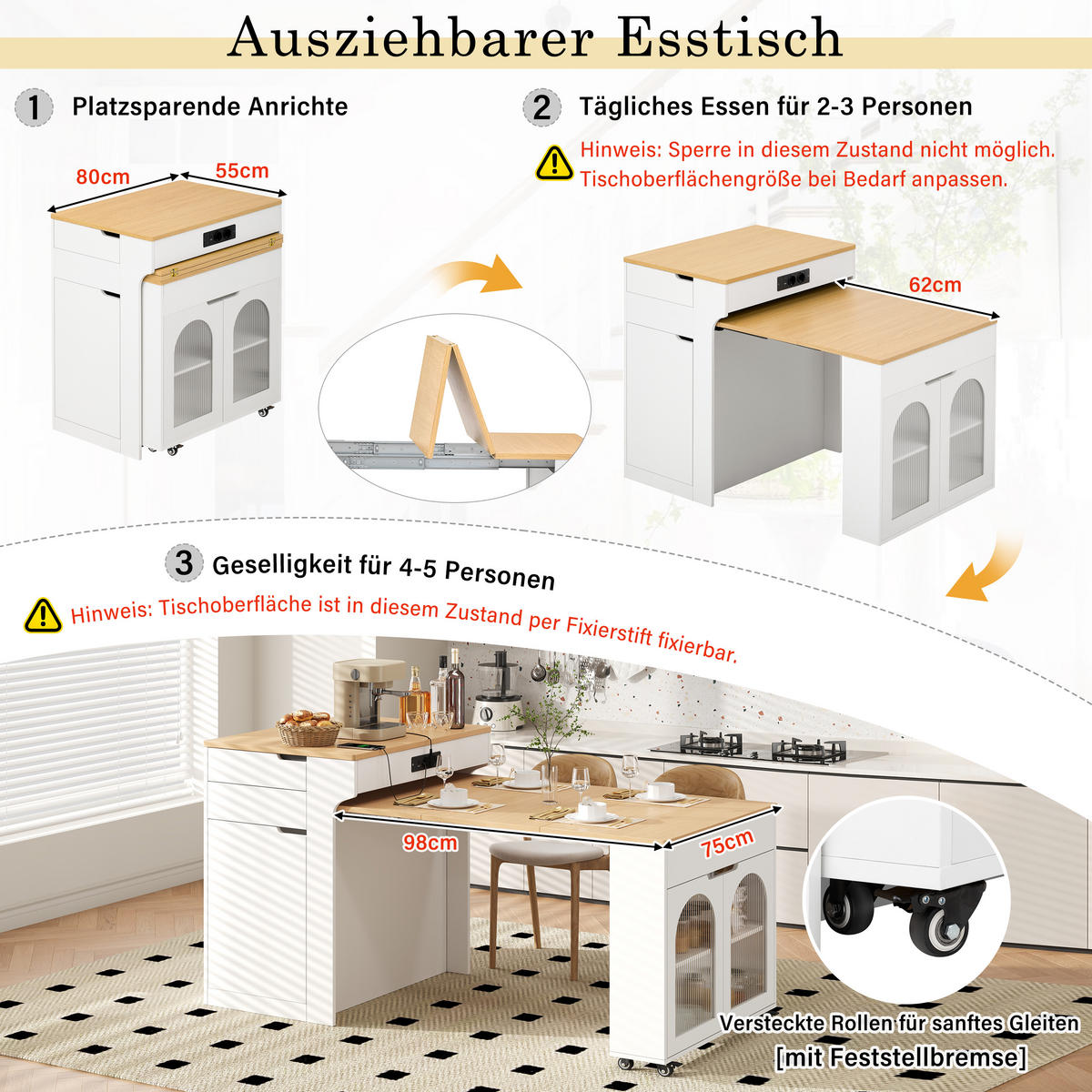 KÜCHENINSEL ausziehbar 55-153/80/93 cm DE-39577 Weiß - Weiß, Holzwerkstoff (80/93/56.2cm) - ComfortXL