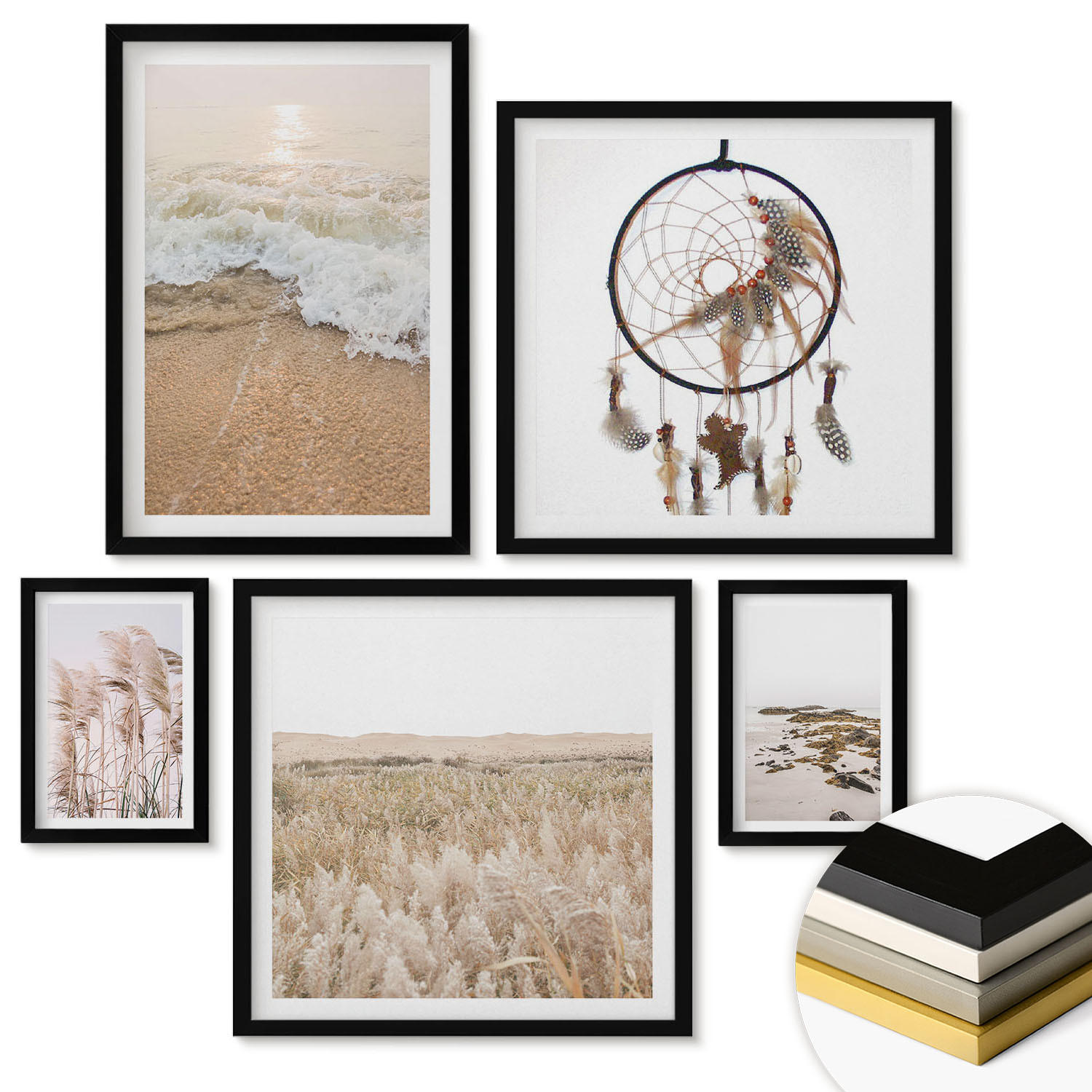 WANDBILDER 5er-Set - 50x50 cm & 20x30 cm & 40x60 cm Schwarzer Rahmen - Strandgras, Wellen, Steine, Boho-Stil - Schwarz, Kunststoff (40/60cm) - ArtPrintCave