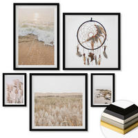 WANDBILDER 5er-Set - 50x50 cm & 20x30 cm & 40x60 cm Schwarzer Rahmen - Strandgras, Wellen, Steine, Boho-Stil - Schwarz, Kunststoff (40/60cm) - ArtPrintCave