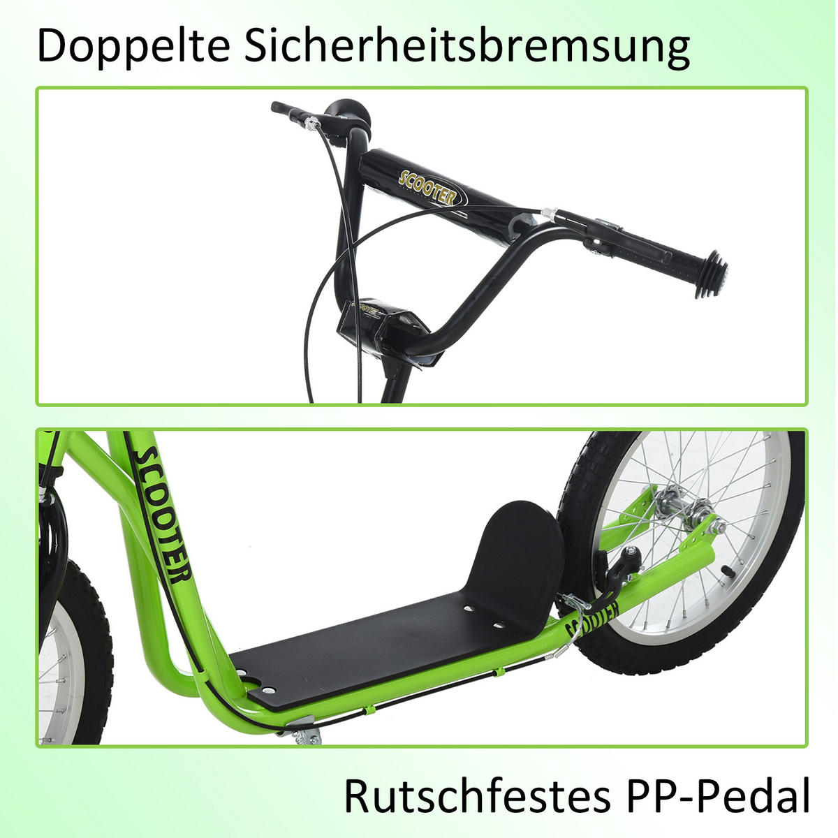TRETROLLER Scooter Cityroller Kinder Luftreifen Roller verstellbar Alu Grün - Grün, Metall (139/58/96cm) - HOMCOM