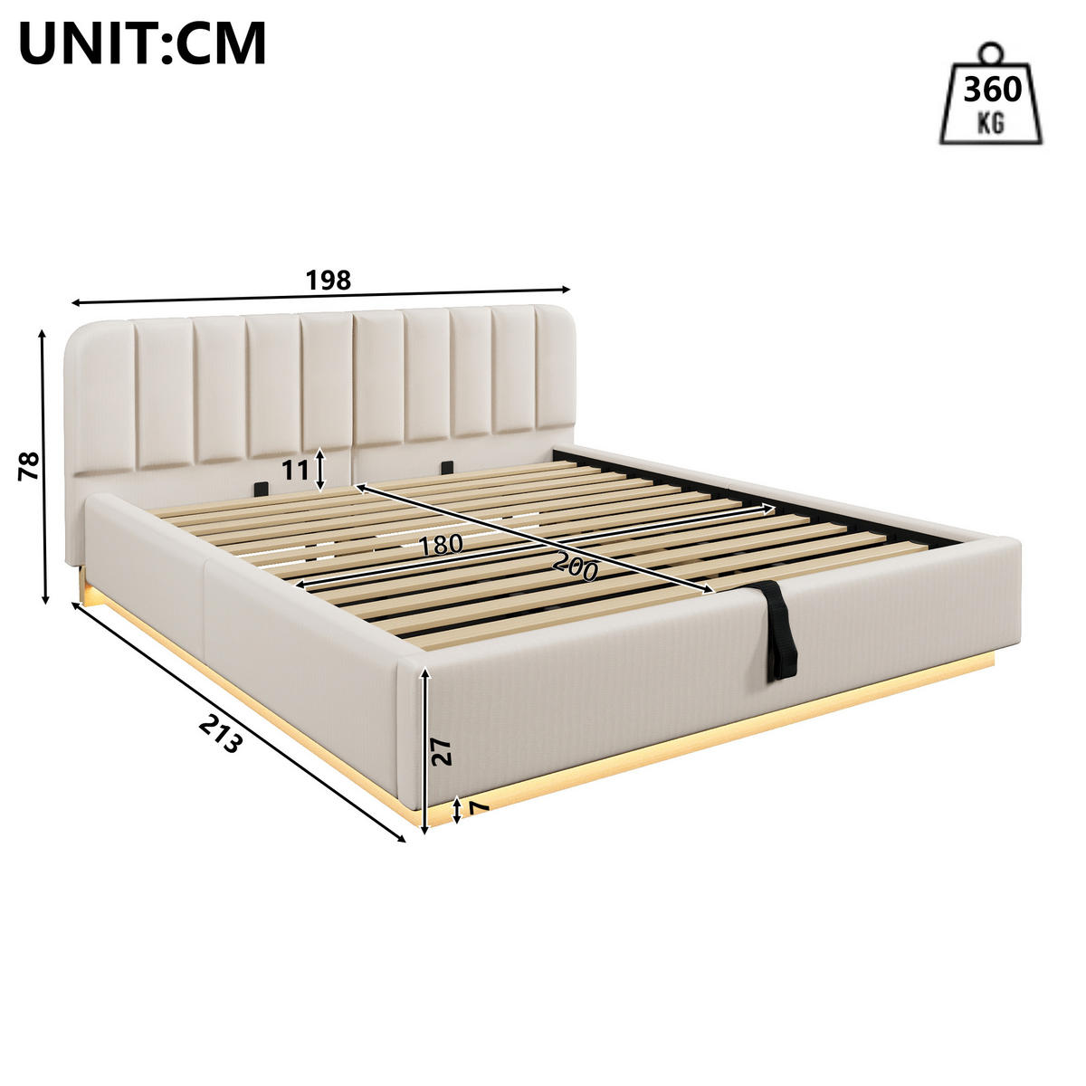 POLSTERBETT 180x200cm Hydraulik LED Chenille Beige - Beige, Holzwerkstoff (180/200cm) - FLIEKS