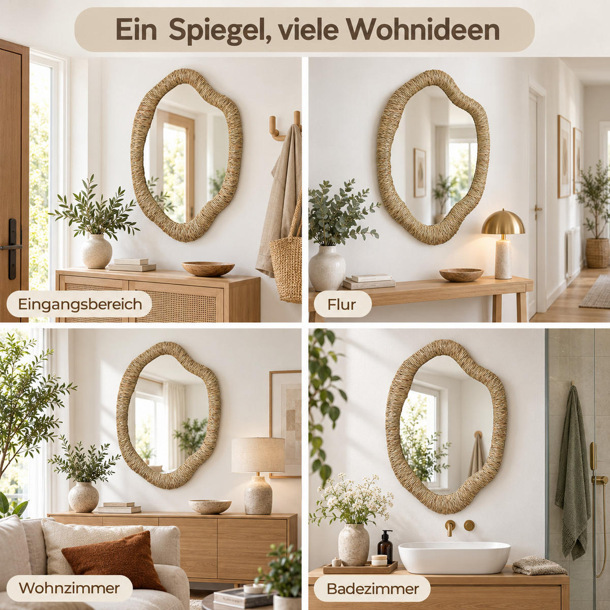 SEEGRAS-WANDSPIEGEL 75×50 cm, organische Form für Wohnzimmer,Flur - Dunkelgelb, Naturmaterialien (3.5/75/50cm) - Hometopia