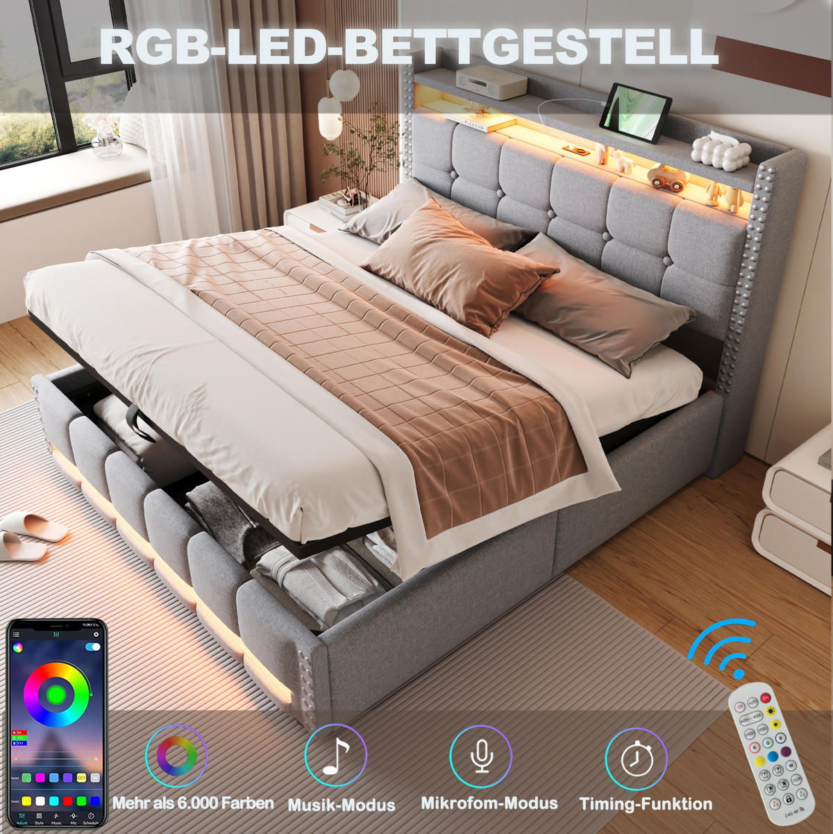 POLSTERBETT 160/200 cm Hellgrau mit LED, USB und Hydraulik - Hellgrau, Textil (160/200cm) - MIVRAY