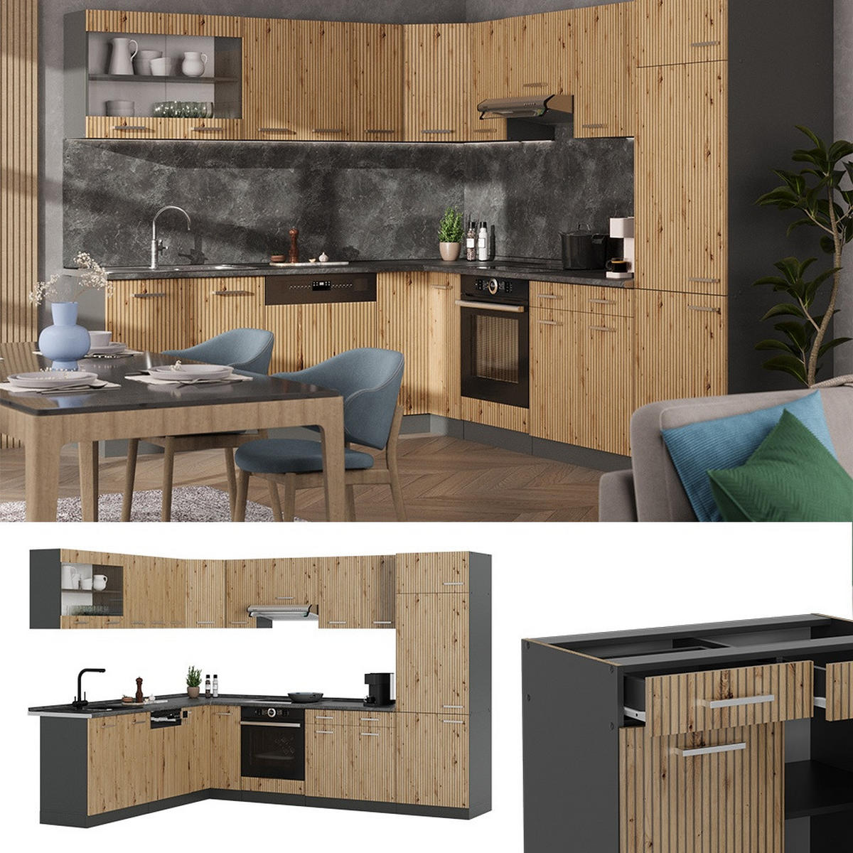 HÖRNKÖK R-Line, Hantverks ek/antracit, 287 x 227 cm, AP Antracit - Antracit/Ek Artisan, Träbaserade material (287/206.8/60cm) - Vicco