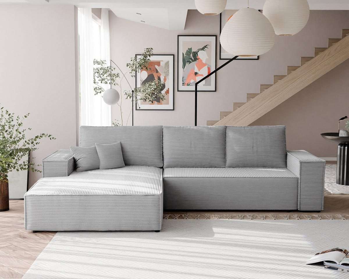 ECKSOFA NOVA mit Schlaffunktion und Bettkasten Hellgrau - Hellgrau, Holzwerkstoff/Kunststoff (250/90cm) - Idohome