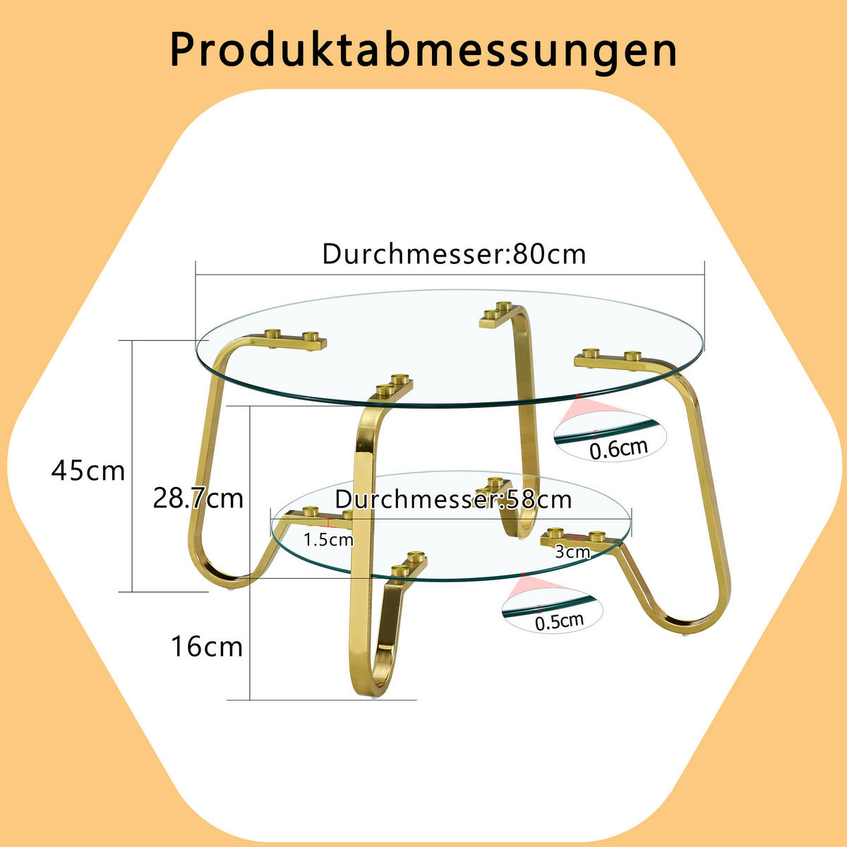 COUCHTISCH DE-186 Retro Minimalistisch Metallrahmen Schwarz/Gold - Goldfarben, Metall (80/80/45cm) - ComfortXL