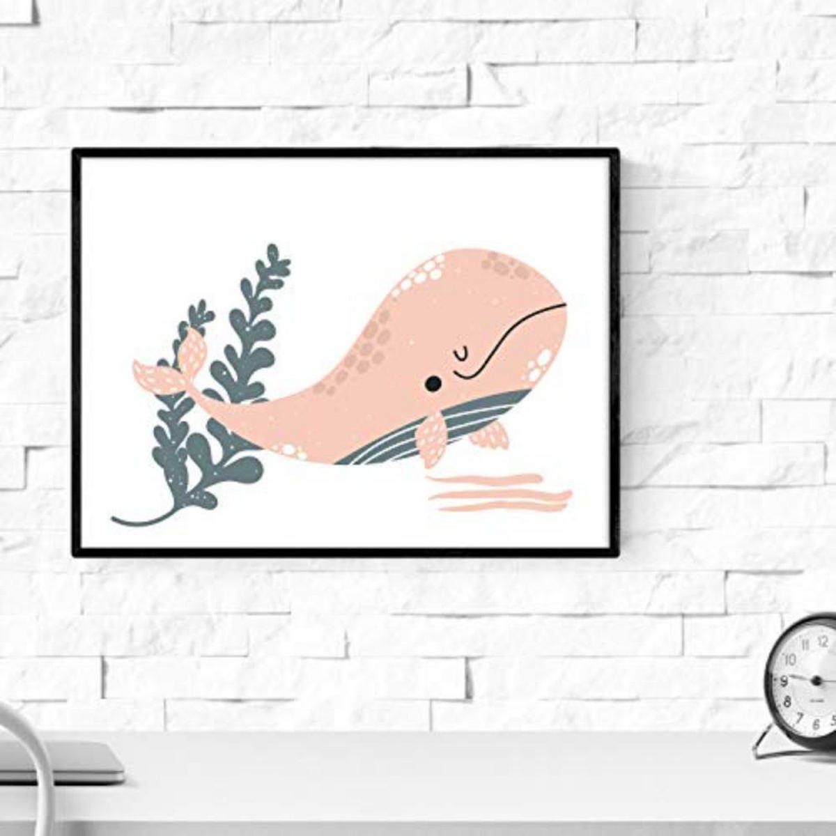 POSTER Set mit 4 Wale im Meer grau orange und rosa A3 Schwarzer Rahmen - Schwarz, Papier (29.7/3cm) - Nacnic