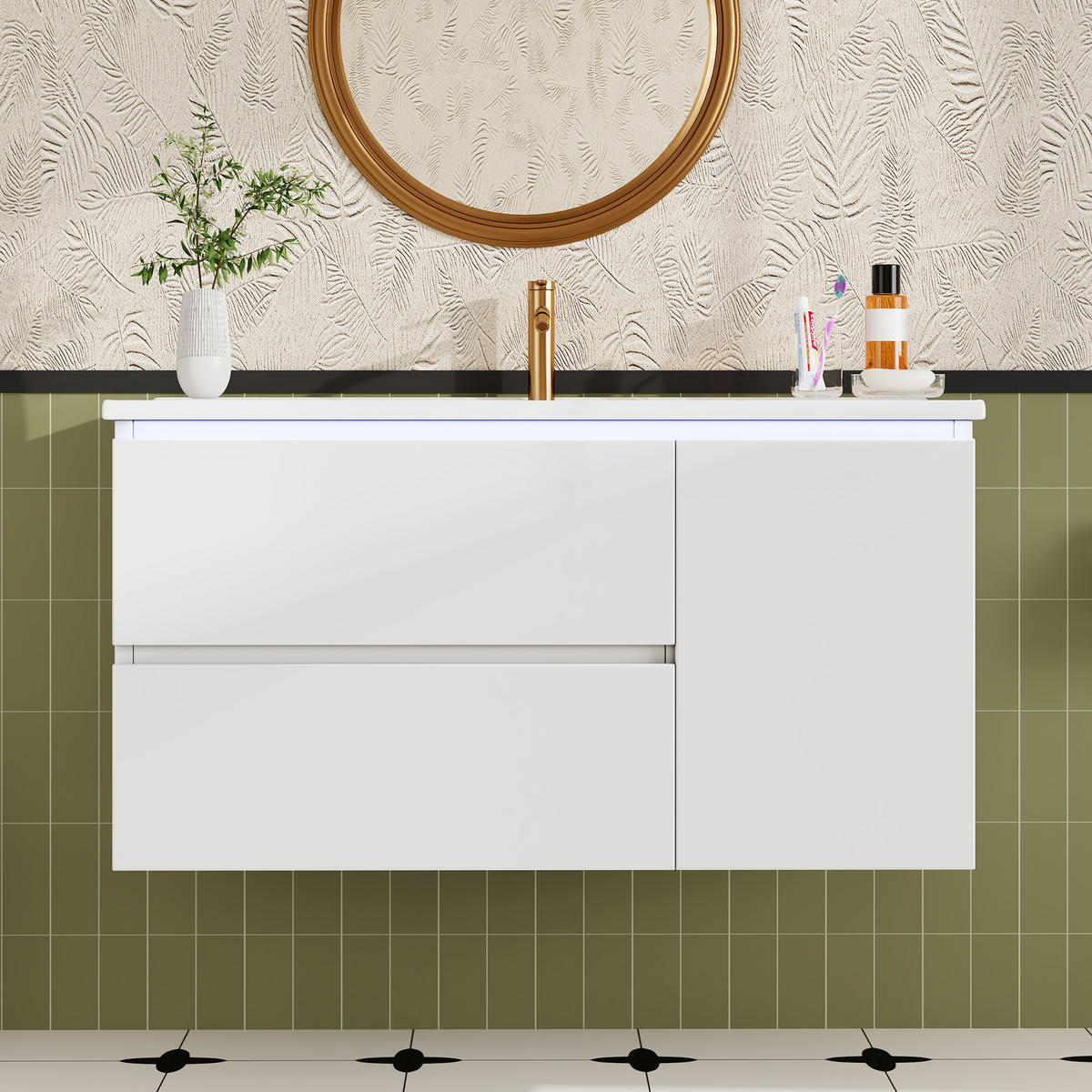 WASCHTISCHUNTERSCHRANK 91x46.5x50.5 cm Weiß aus Keramik & Spanplatte mit Radarsensor-LED & 2 Schubladen - Weiß, Holzwerkstoff (91/50.5/46.5cm) - Modfu