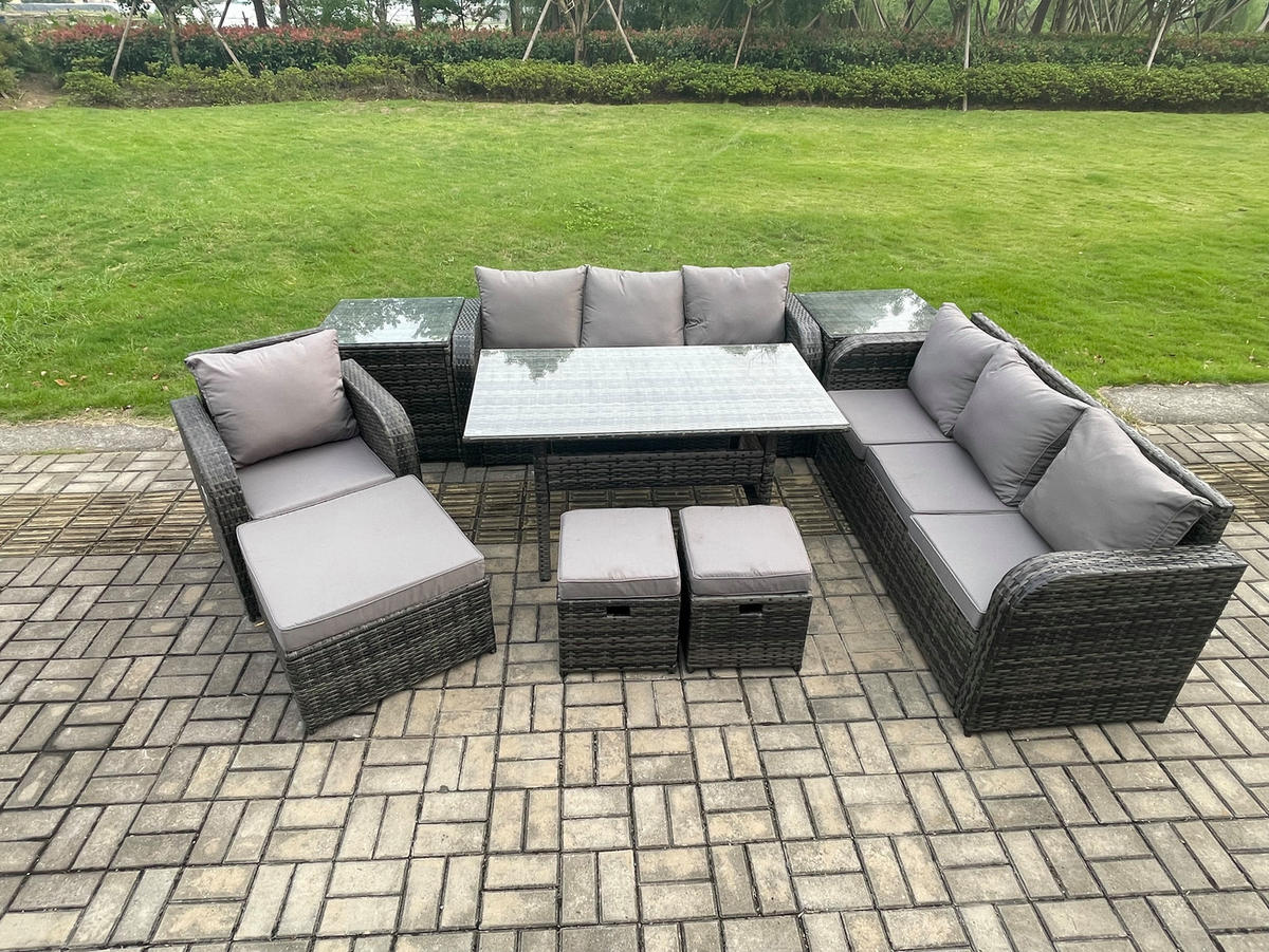 GARTENTISCHGRUPPE mit 2 Beistelltischen,3 Hocker Polyrattan Dunkelgrau 10-Sitzer - Dunkelgrau/Grau, Glas/Kunststoff - Fimous