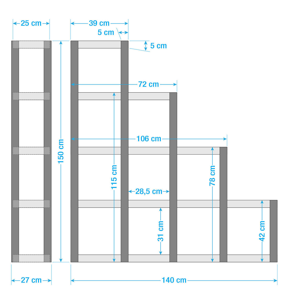 STUFENREGAL - Akazie massiv / Metall - Akaziefarben, Holz (140/150/25cm) - home24