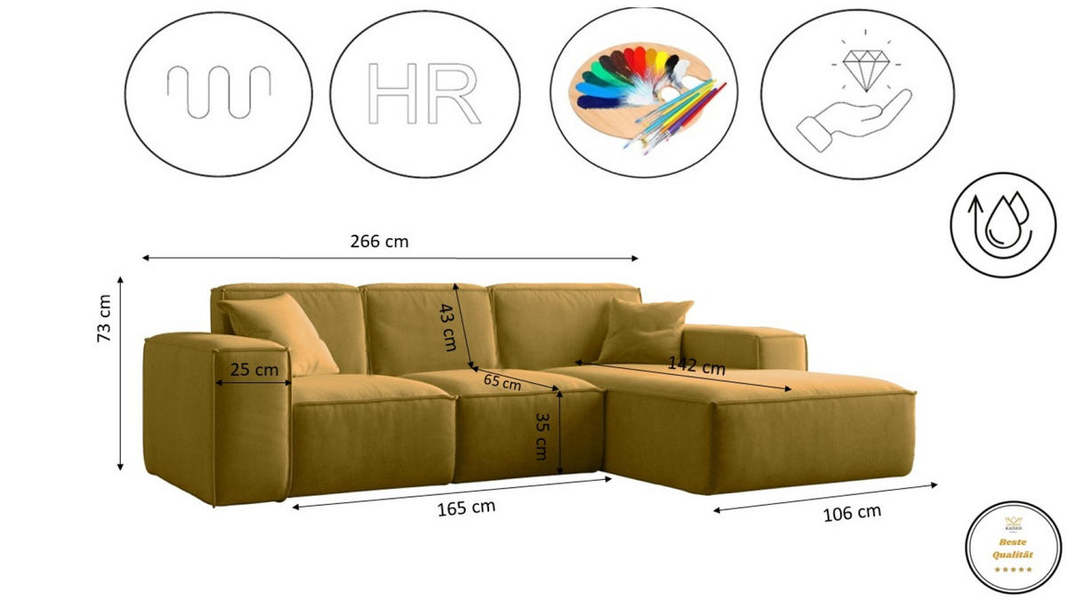 ECKSOFA L-Form Siena Stoff Salvador Gelb Rechts - Gelb, Holz (266/165cm) - Kaiser Möbel