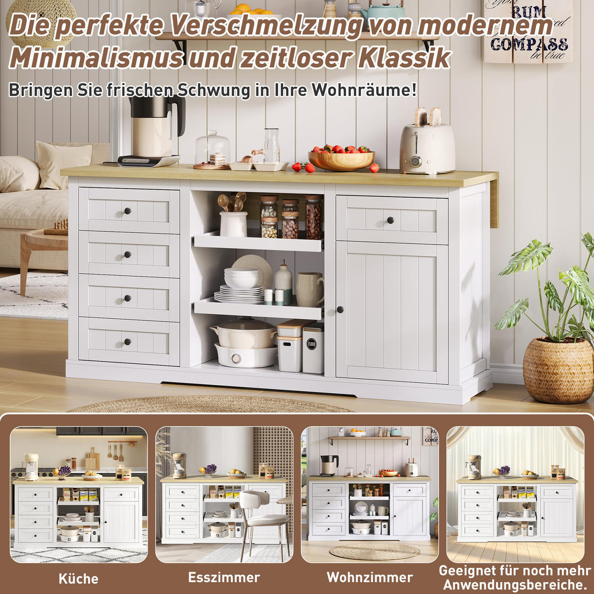 SIDEBOARD 150/65/75.5 cm Weiß mit 5 Schubladen und 2 Ausziehböden - Weiß, Holz (150/75.5/65cm) - Oxeza