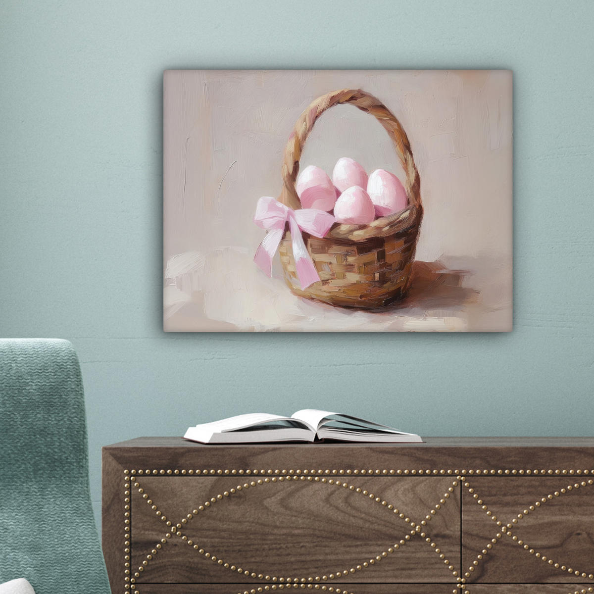 LEINWANDBILD Korb - Eier - Rosa Wandbild 40x30 cm - Beige, Textil (40/30cm) - MuchoWow