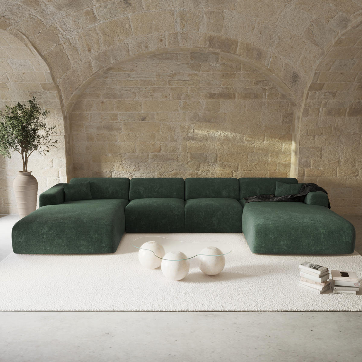 WOHNLANDSCHAFT Texturierter Samt Olivgrün 356cm - Olivgrün/Grün, Textil (356/73/166cm) - Sia Home