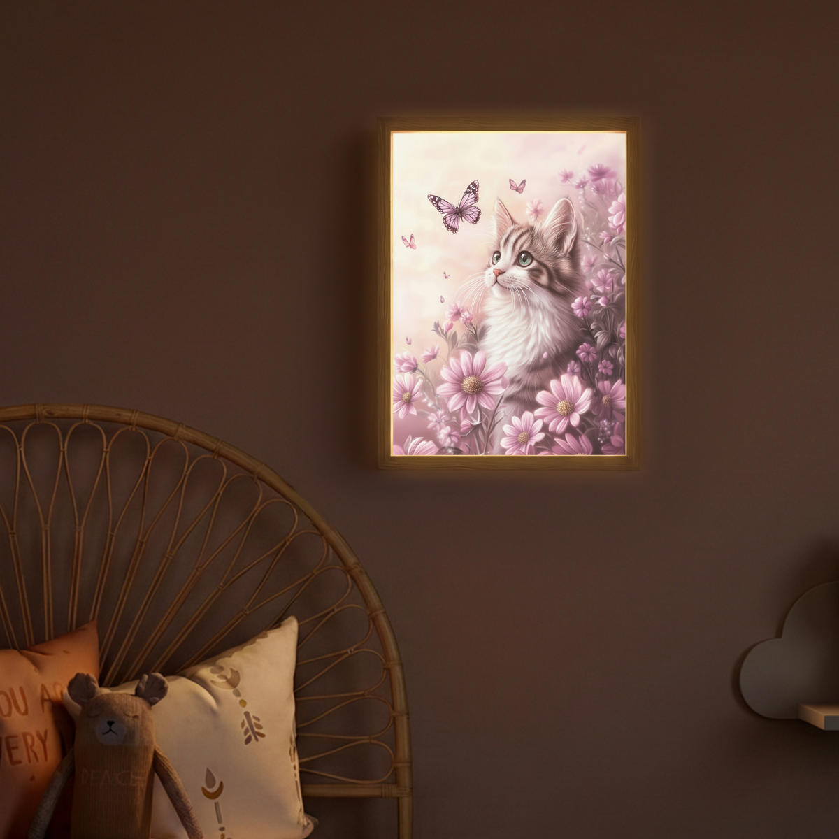 NACHTTISCHLAMPE MIT AKKU Kätzchen - Blumen - Schmetterlinge - Lila 30x40 cm - Altrosa, Holzwerkstoff (8/30/40cm) - OnlyWow