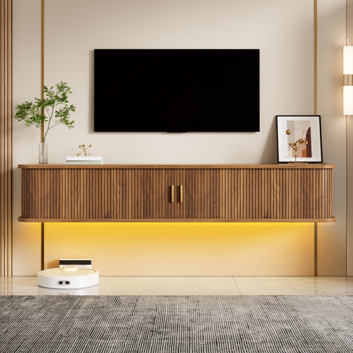 TV-BOARD Wandhängend MDF LED Rillenoptik Wohnzimmer - Walnussfarben, Holzwerkstoff (175/30/30cm) - FLIEKS