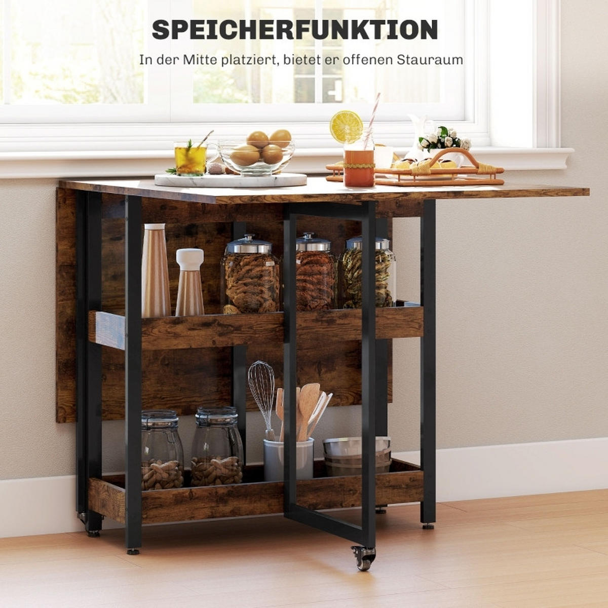ESSTISCH 133,4/80/75 cm klappbar mit 2 offenen Fächern und Rollen, melaminbeschichtete Spanplatte, Braun - Braun, Holz (133.4/80/75cm) - Redom