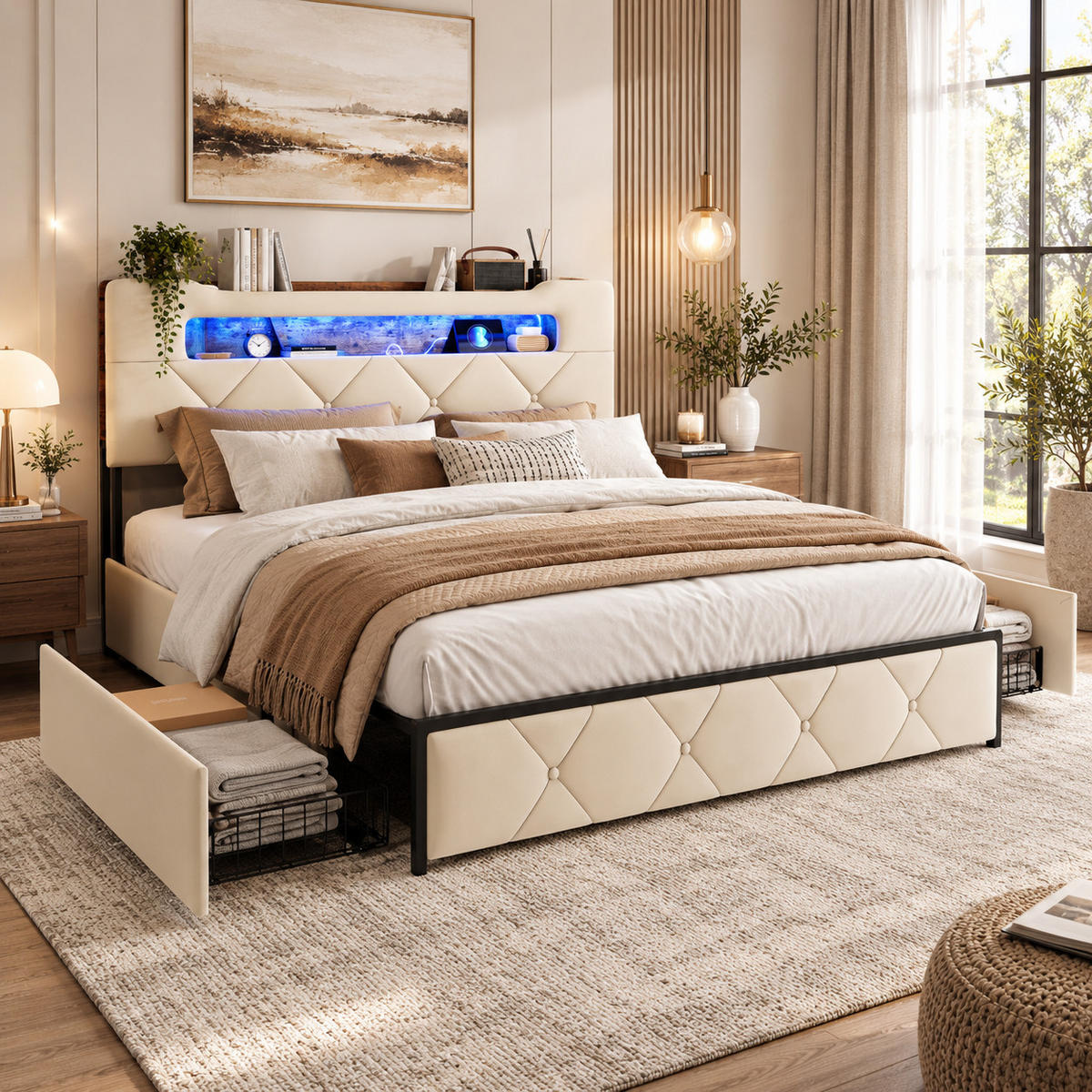 POLSTERBETT 160/200 cm Beige mit LED, USB & 4 Schubladen - Beige, Holz/Metall (160/200cm) - Joyfair
