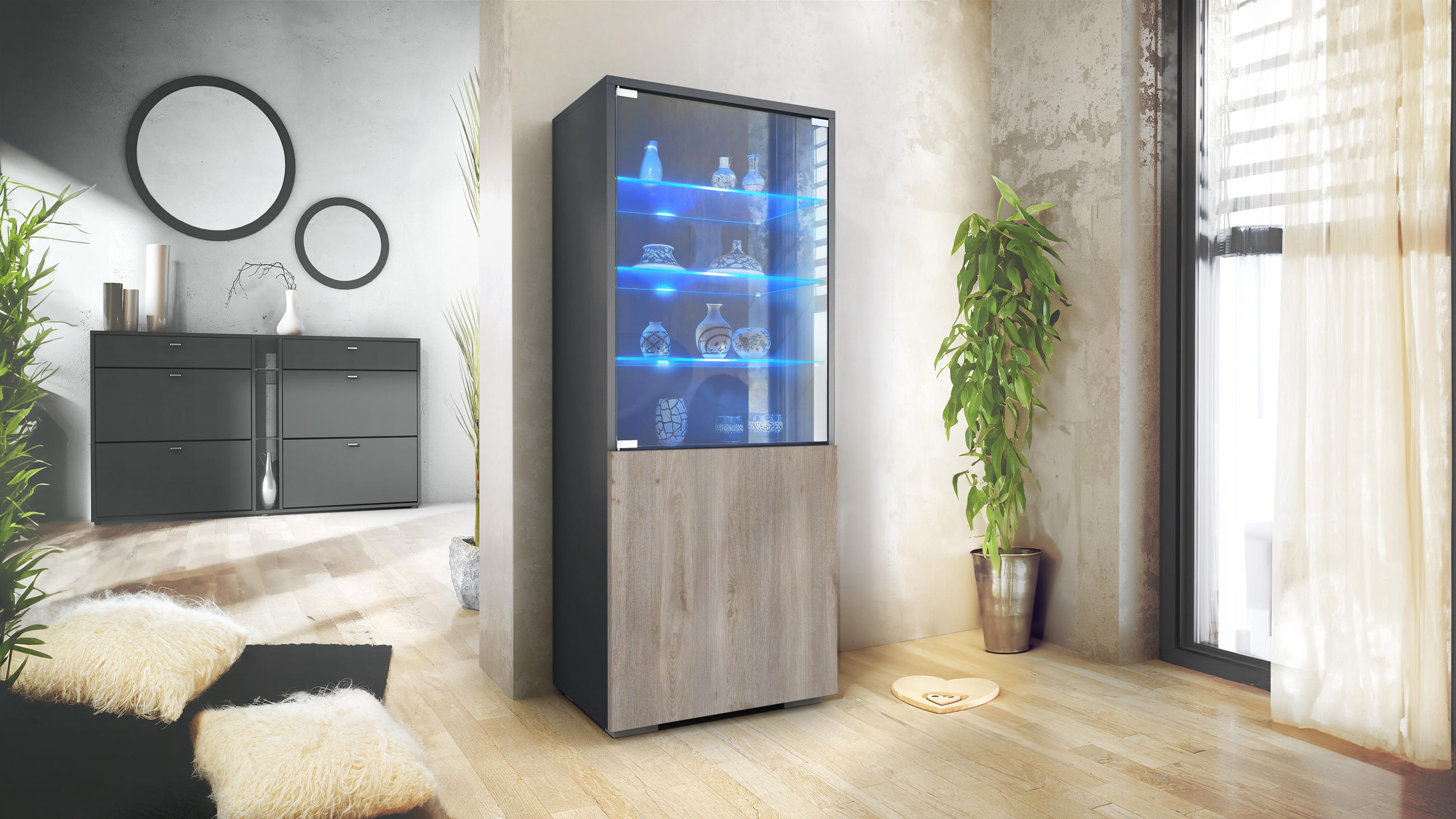 VITRINE Granada Eiche Nordic - Silbereichenfarben, Holzwerkstoff (50/122.5/34.5cm) - Vladon