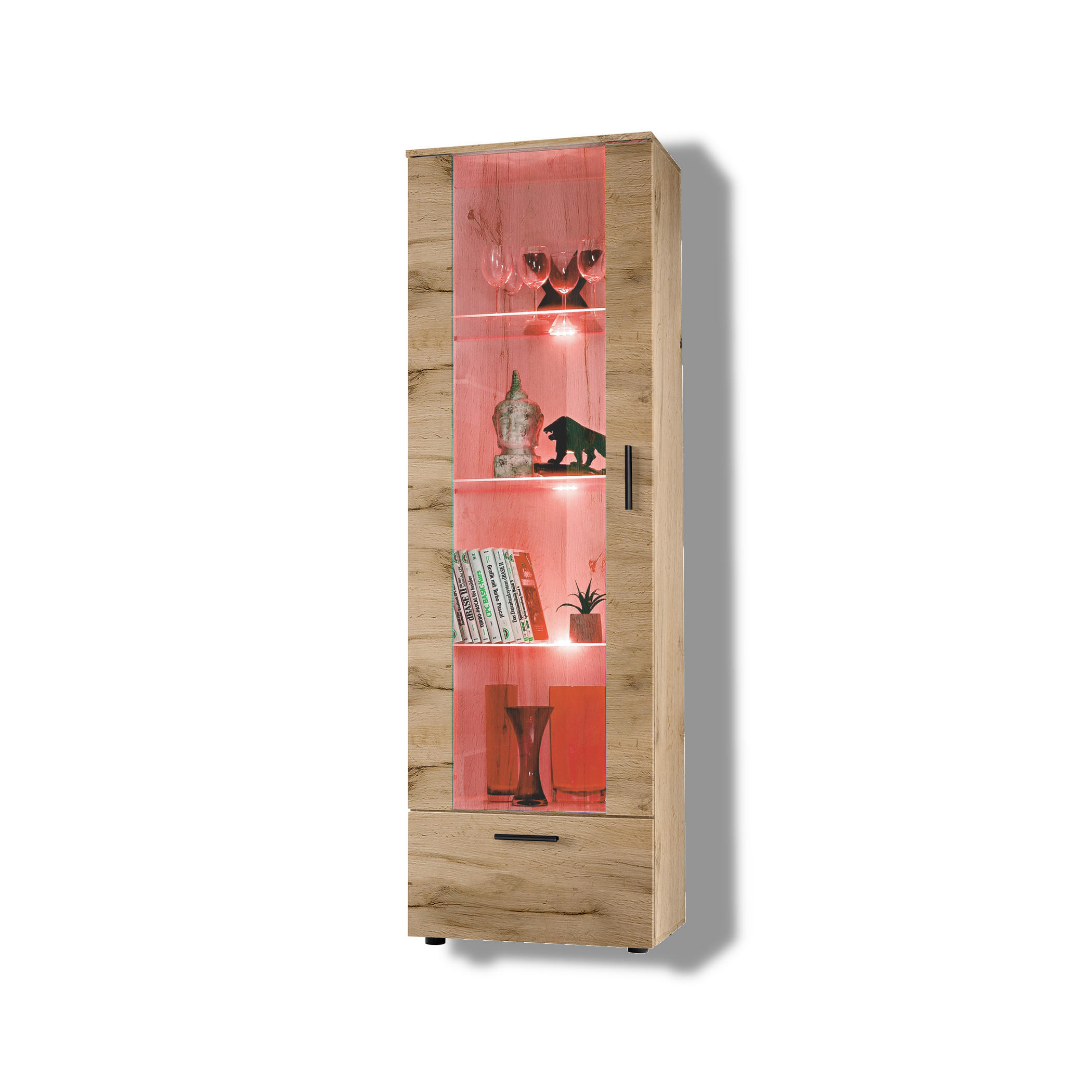 VITRINE ALESSANDRIA, Wotan, LED Mehrfarbige - Eiche Wotan/Schwarz, Glas/Holzwerkstoff (60/192/42cm) - Komodee