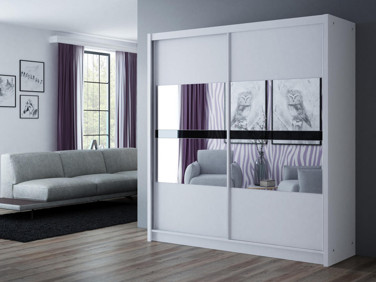 SCHWEBETÜRENSCHRANK RAKAN 203/215/61 cm 2-türig mit Spiegel Weiß - Schwarz/Weiß, Holzwerkstoff (203/215/61cm) - MASSENO