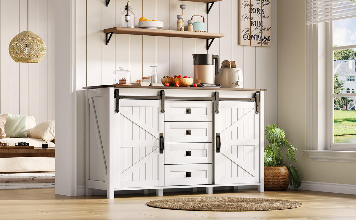 SIDEBOARD aus MDF 137x40x81,5 cm Weiß mit Schiebetüren, 4 Schubladen und viel Stauraum - Weiß, Holzwerkstoff (137/81.5/40cm) - Modfu