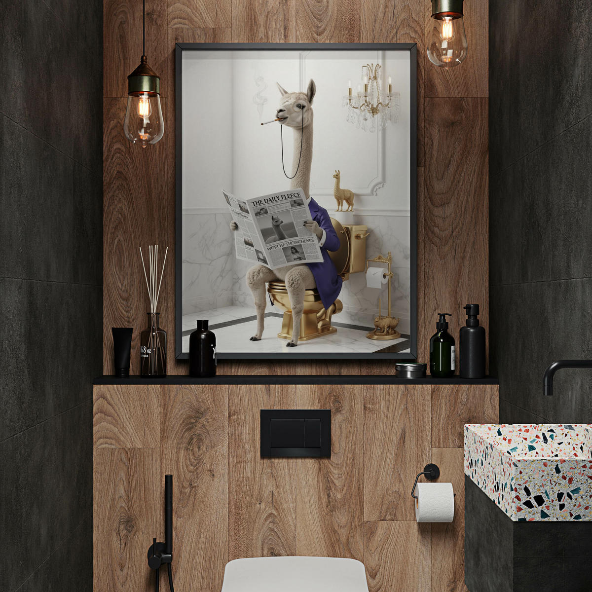 POSTER für WC Badezimmer LAMA mit Zeitung auf Toilette Abstraktion Glamour 20x30cm - Beige/Schwarz, Papier (20/30/30cm) - Muralo