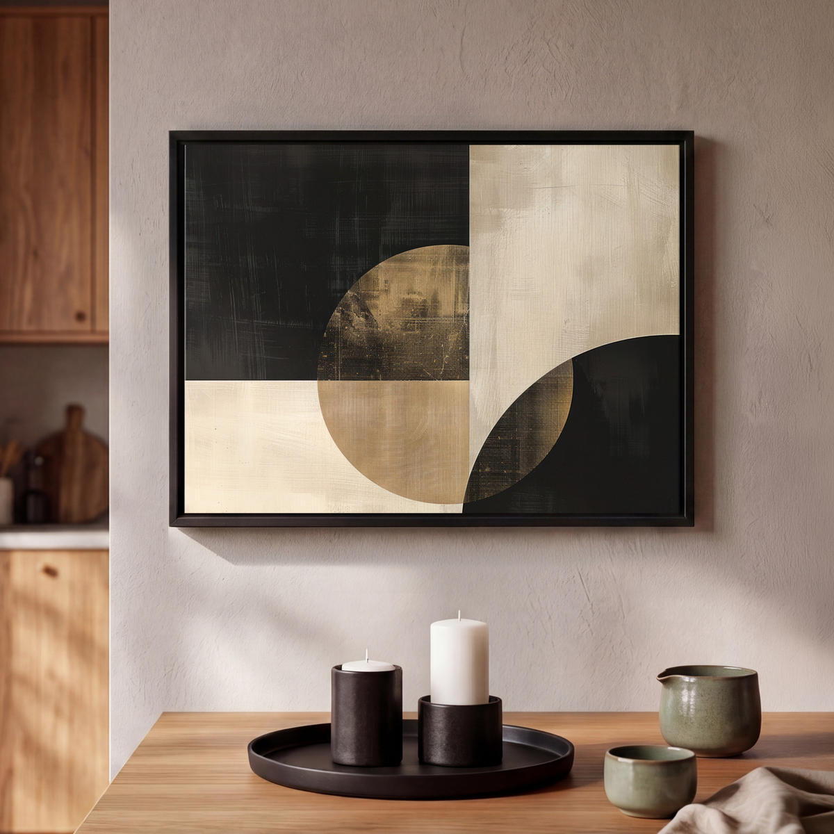 LEINWAND Bilder mit Rahmen - Abstrakt - Geometrische Formen - Schwarz - Gold - 40x30 - Ecru, Textil (40/30cm) - MuchoWow