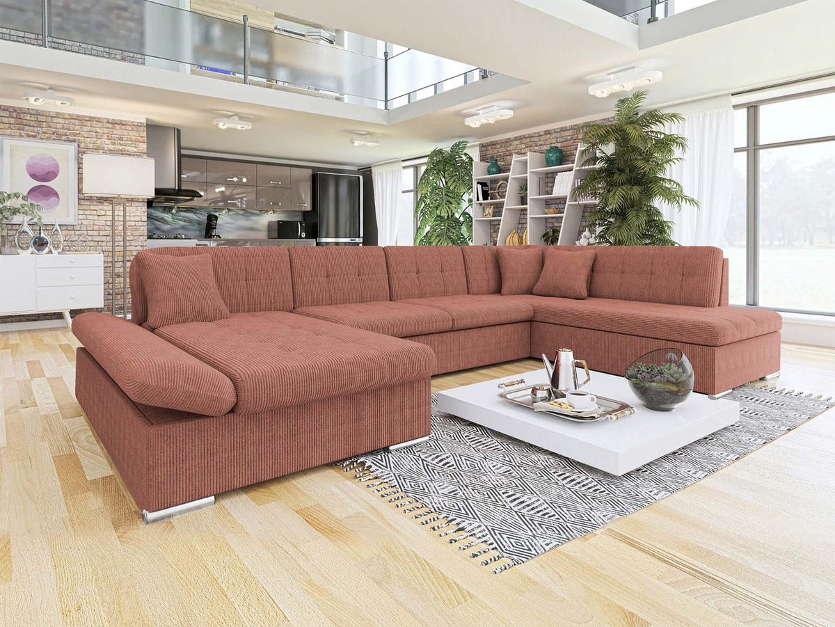ECKSOFA Bergen Cord, Seite: Links - Silberfarben/Rosa, Holz/Textil (345/76/205cm) - MIRJAN24