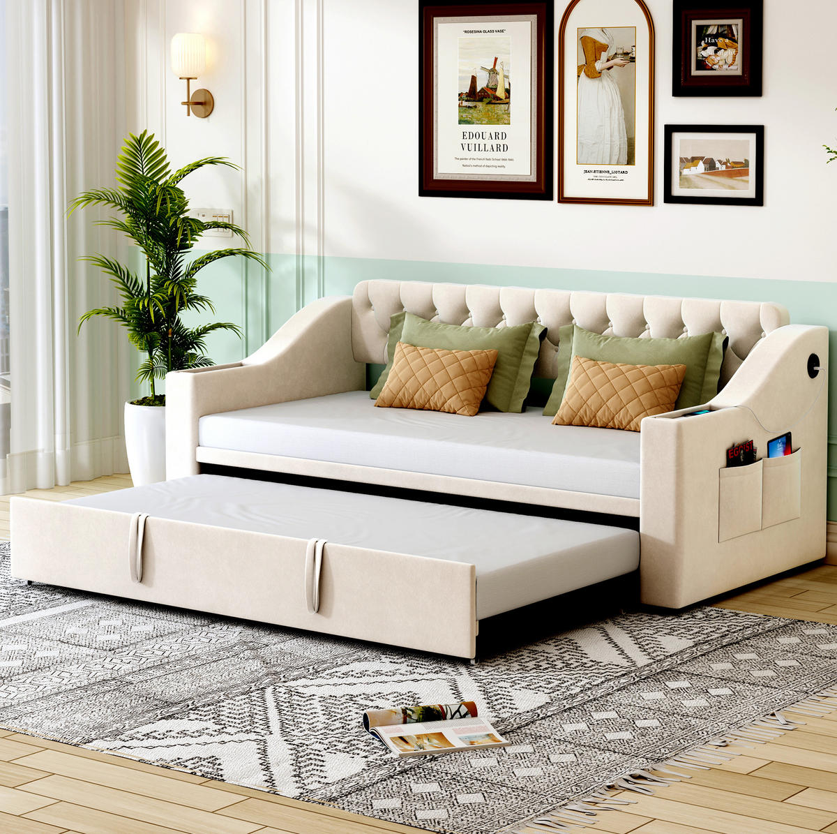 BETT aus Samtstoff 90x190/180x190 cm Beige mit USB- und Type-C-Anschluss, Stauraum und Auszugsfunktion - Beige, Textil (90/180cm) - Modfu