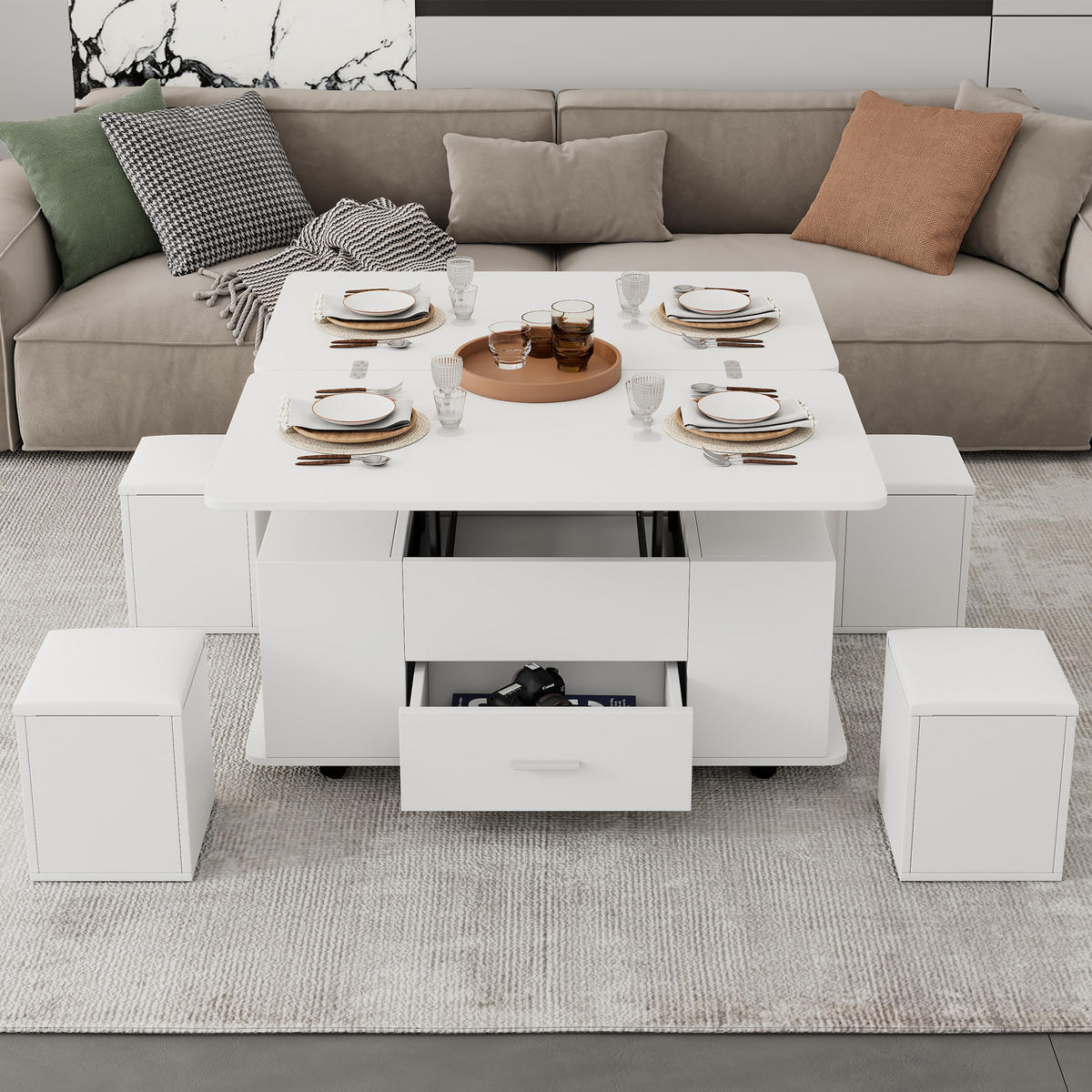 COUCHTISCH Höhenverstellbar 4-in-1 Weiß mit Schubladen 4 Hocker - Weiß, Holzwerkstoff (100/50/45cm)