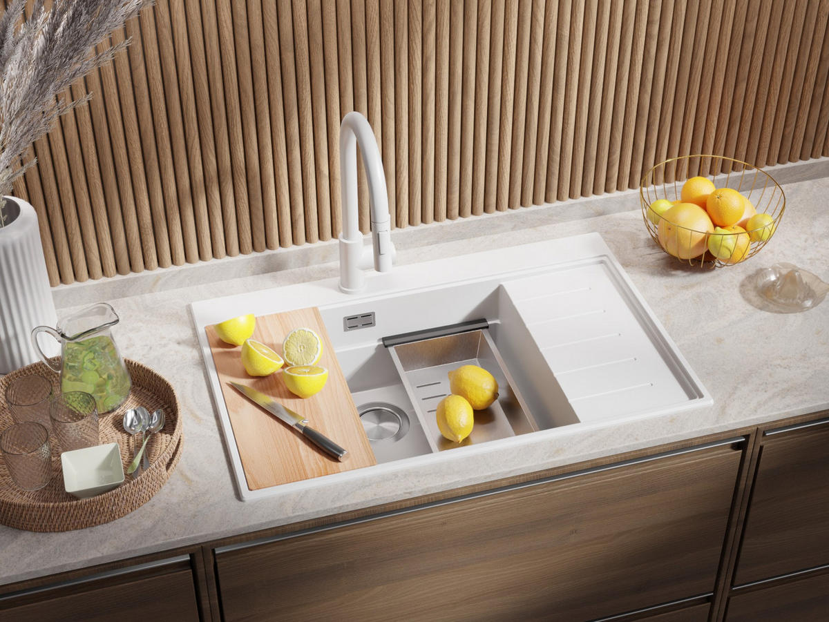 SPÜLBECKEN Sydney, 2-er set Weiß 78/50 cm 1 Becken + Ablauf-Set + Küchenzubehörset ab 60er Unterschrank - Chromfarben/Beige, Kunststoff (78/20/50cm) - Primagran