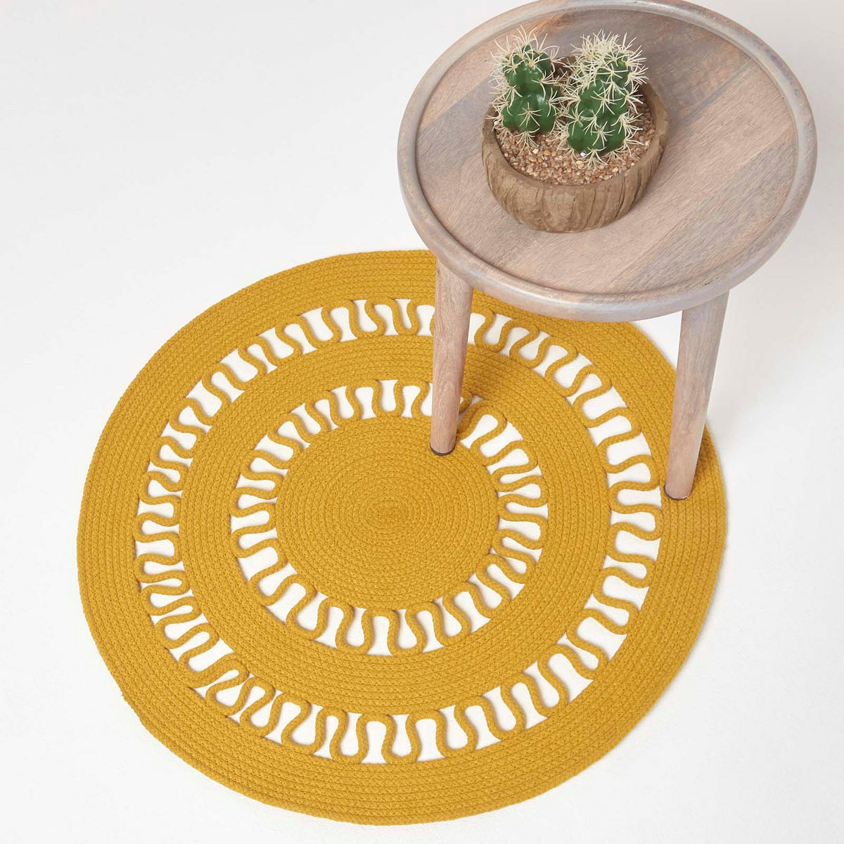 TEPPICH geflochten rund mit Häkel-Muster 90 cm - Currygelb, Textil (90/90cm) - Homescapes