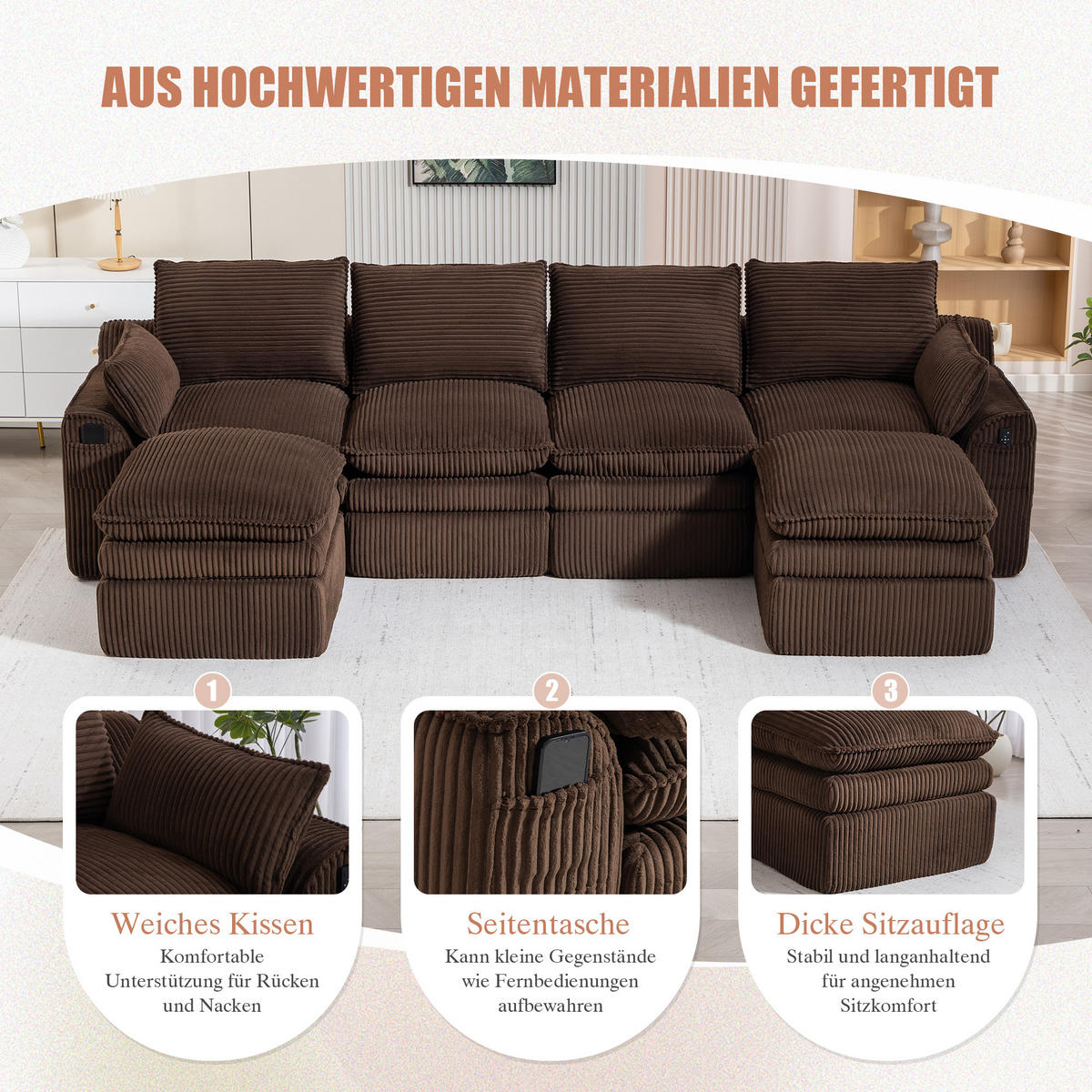 WOHNLANDSCHAFT Cord Braun mit Kissen, Seitentaschen und Hocker - Braun, Textil (335/85/167cm) - WISHDOR