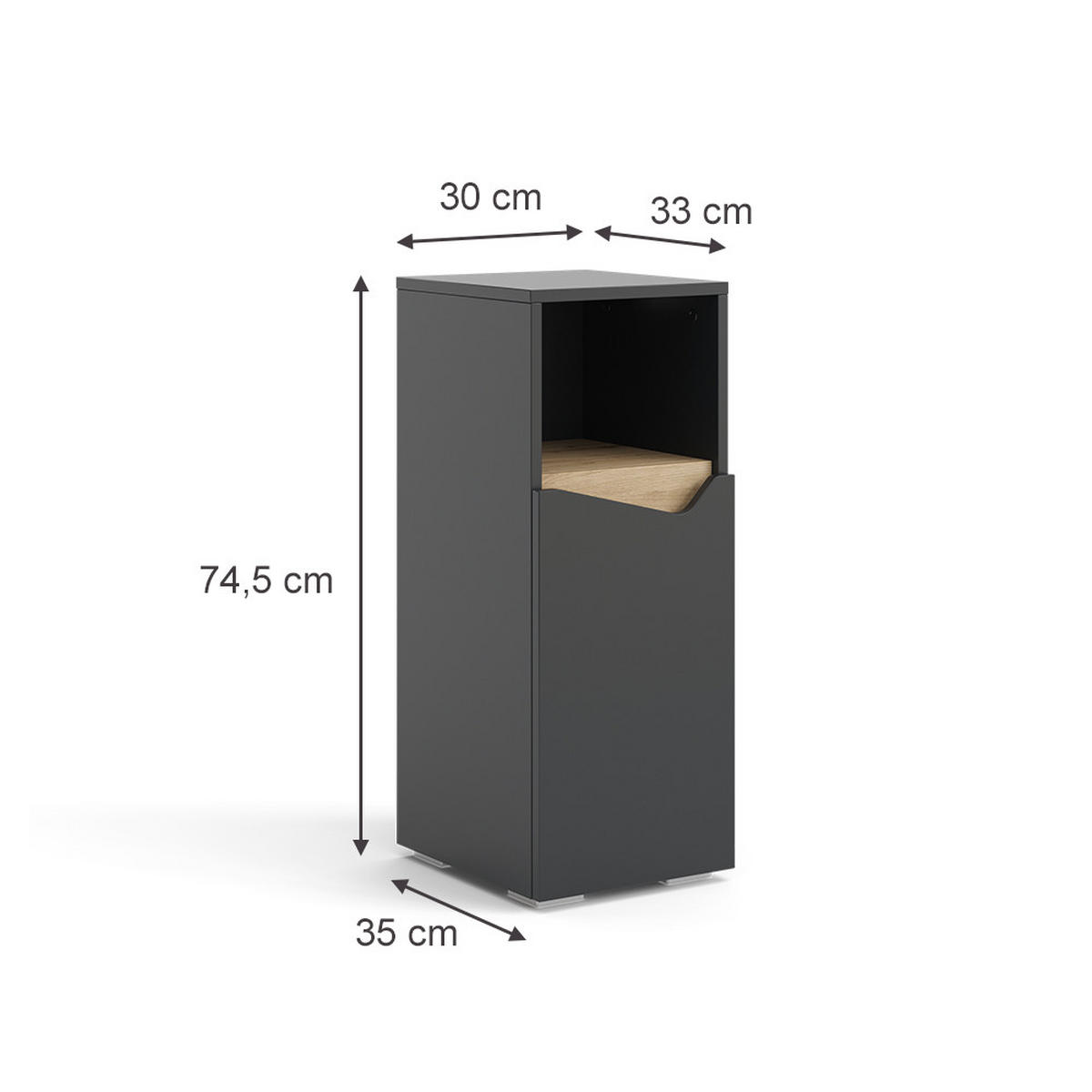 MIDISCHRANK Marelle Anthrazit 30 x 74.5 cm mit Tür und offenem Fach - Anthrazit, Holzwerkstoff (30/74.5/35cm) - Vicco