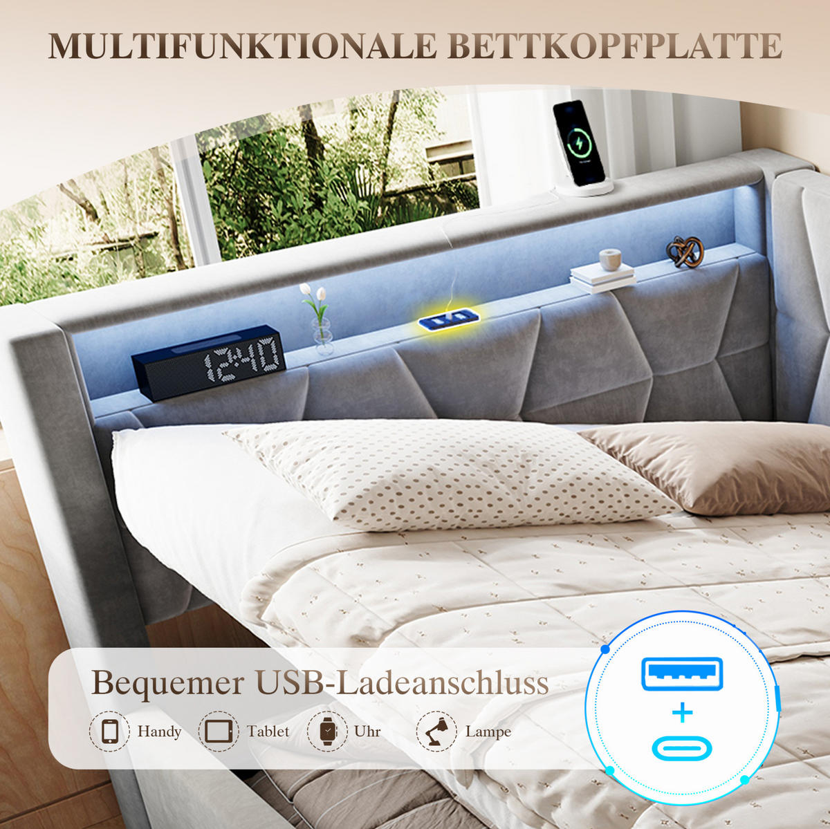 ČALOUNĚNÁ postel 140/200 cm s LED osvětlením, USB, Type-C a hydraulickým úložným prostorem, Tmavě šedá - tmavě šedá, kov (140/200cm) - Redom