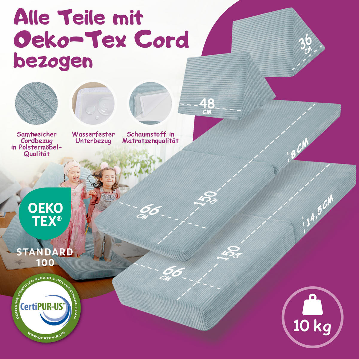 KINDERSOFA Spielparadies - Blau, Textil (66/52/150cm) - Linodino