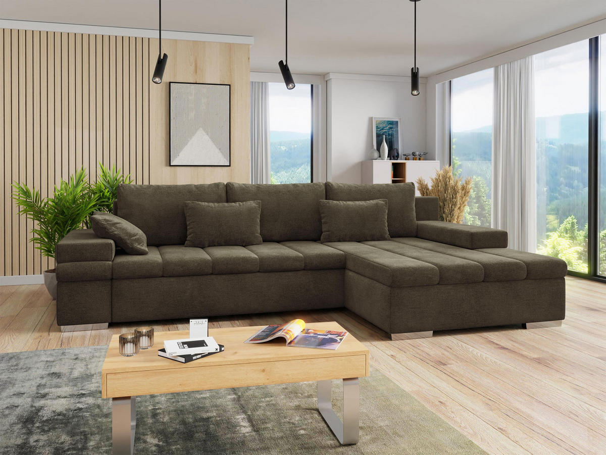 ECKSOFA Bangkok, Seite: Rechts - Dunkelbraun/Silberfarben, Holz/Textil (310/175cm) - MIRJAN24