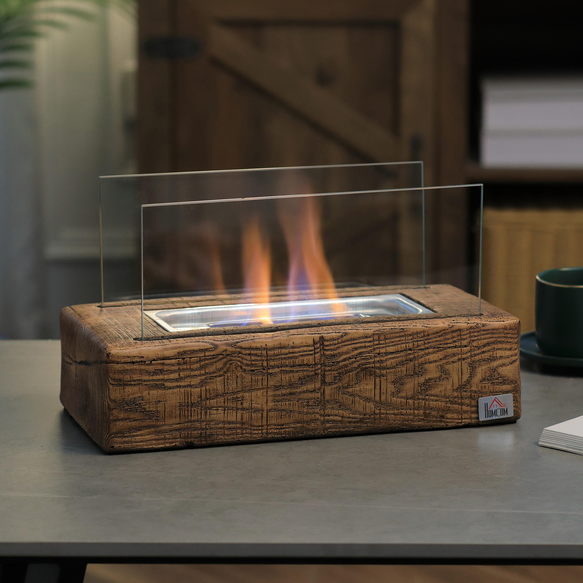 ETHANOL Kamin, 1000BTU Tischfeuer, mit Feuerdeckel, Edelstahl, Naturholz - Naturfarben, Metall (16/18/33cm) - HOMCOM
