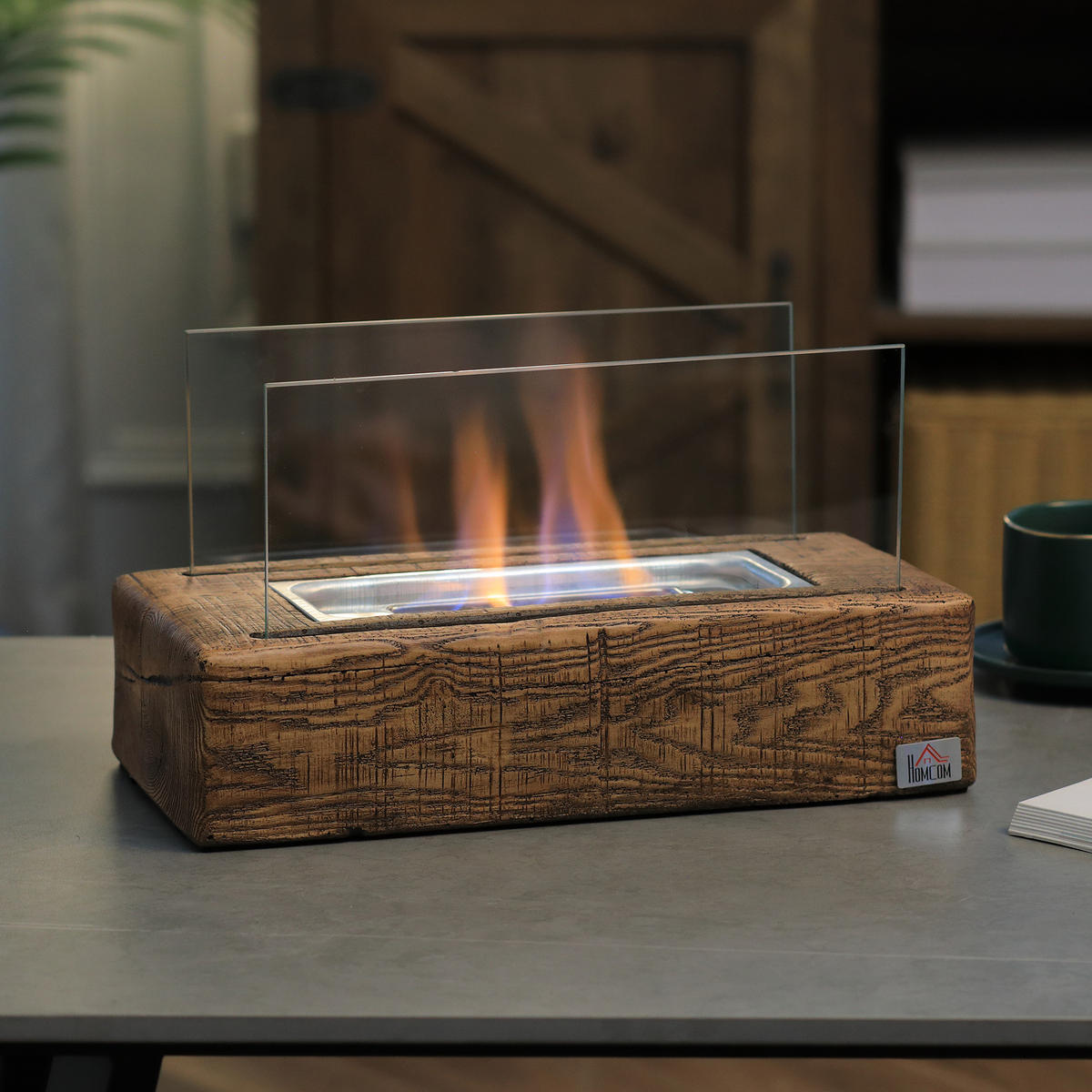 ETHANOL Kamin, 1000BTU Tischfeuer, mit Feuerdeckel, Edelstahl, Naturholz - Naturfarben, Metall (16/18/33cm) - HOMCOM
