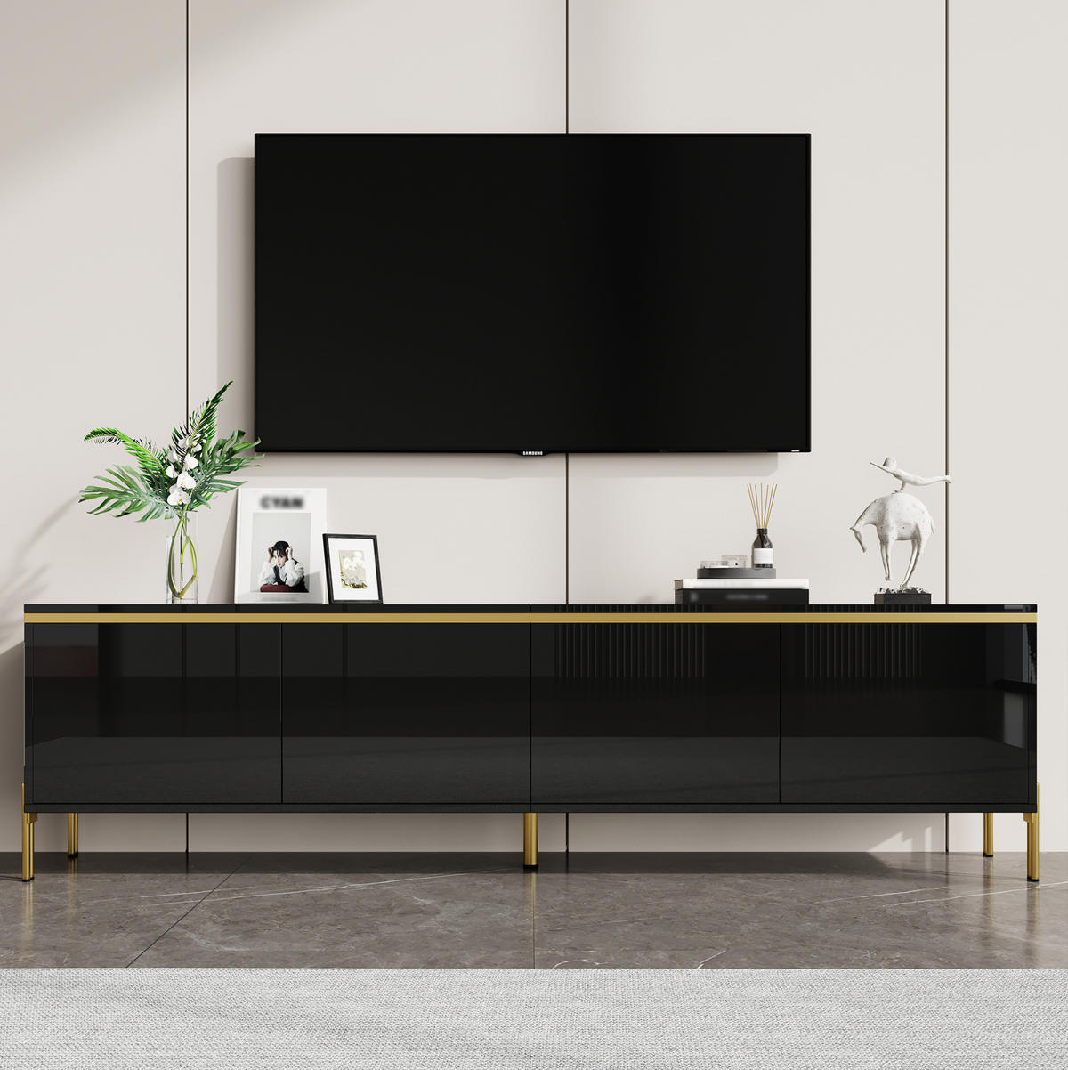 TV-SCHRANK aus Spanplatte 170x38x50 cm Schwarz mit 4 Türen, Kabeldurchführungen und Metallbeinen - Schwarz, Holzwerkstoff (170/50/38cm) - IVMEU