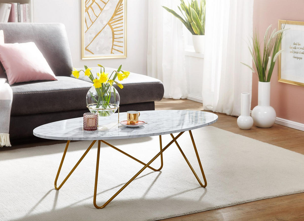 COUCHTISCH Oval in Marmor-Optik mit goldfarbenem Gestell, Maße 120x40x60 cm - Goldfarben/Weiß, Holz/Metall (60/120/40cm) - KADIMA DESIGN