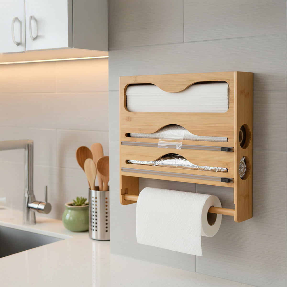 WANDROLLENHALTER - Hellbraun, Holz/Kunststoff (34.5/33/7cm) - Relaxdays