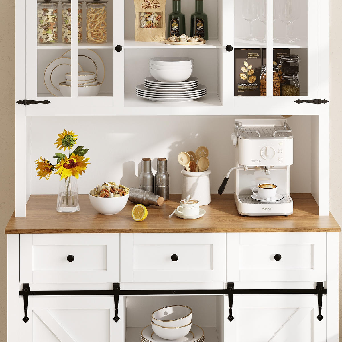 BUFFETSCHRANK 105/38,4/180 cm mit LED-Beleuchtung, verstellbaren Böden und Schiebetür im Scheunenlook, Weiß - Weiß, Holzwerkstoff (105/180/38.4cm) - Redom