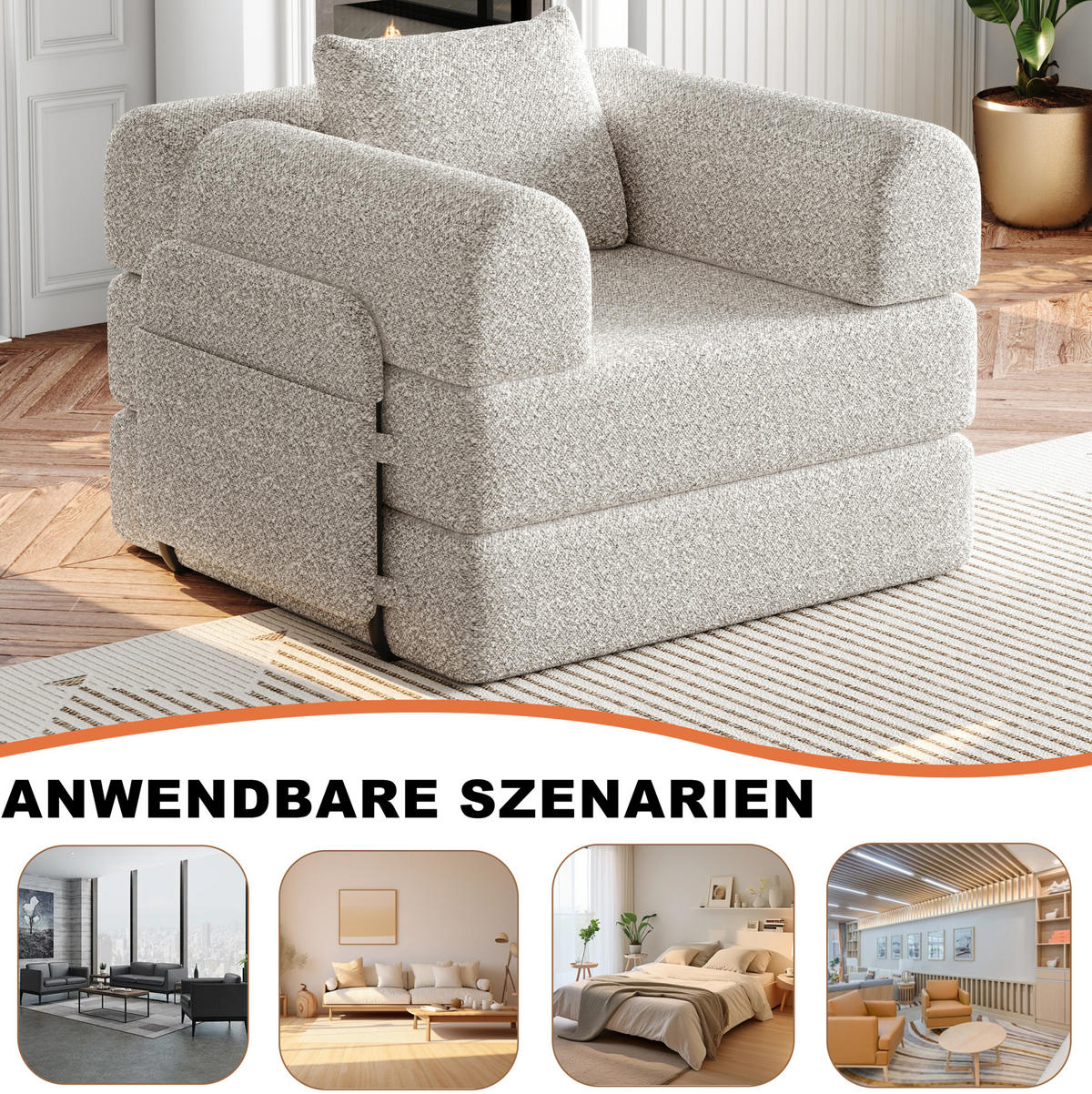 SCHLAFSOFA 2-in-1, Chenille mit Armlehnen-Staufach & Stahlrahmen, 94/181,6/49,5 cm, Beige - Beige, Textil (94/49.5/181.6cm) - Redom