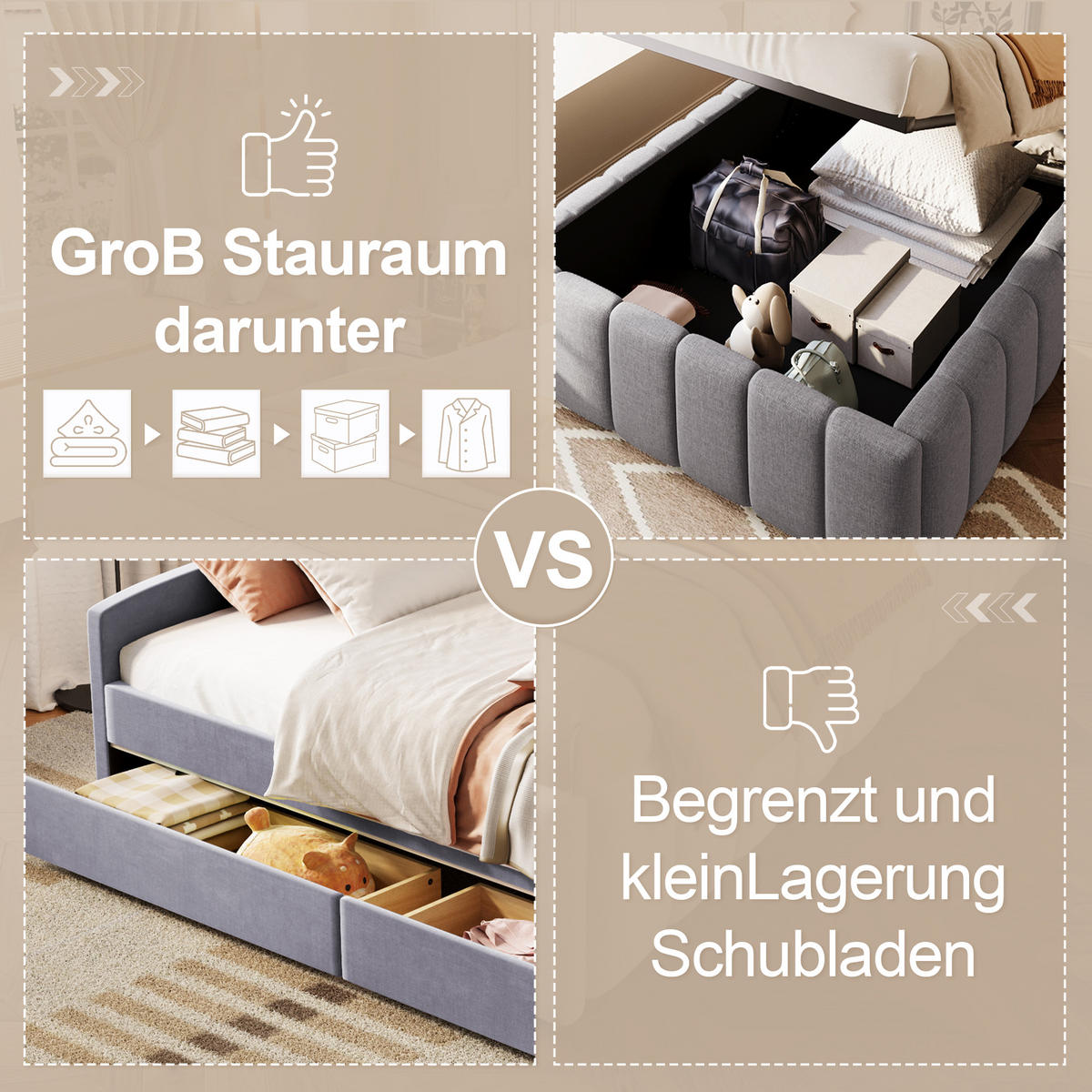 POLSTERBETT 90/200 cm Grau aus Leinen mit hydraulischem Stauraum ohne Kopfteil - Grau, Textil (90/200cm) - OKWISH