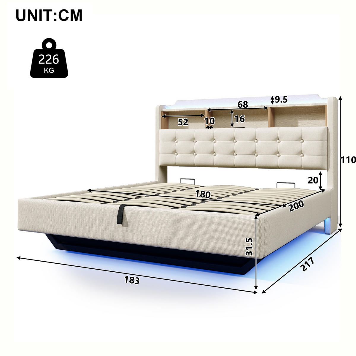 POLSTERBETT 180/200 cm aus Leinen und MDF mit LED und Stauraum, Beige - Beige, Textil (180/200cm) - OKMYHOME