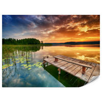 FOTOTAPETE für Wohnzimmer Sonnenuntergang See Steg Bäume 100x70 - Gelb/Beige, Papier (100/70cm) - Muralo