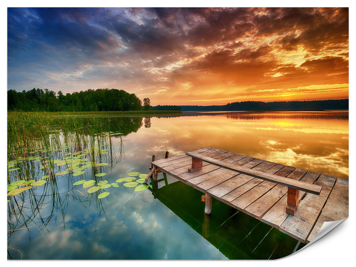 FOTOTAPETE für Wohnzimmer Sonnenuntergang See Steg Bäume 100x70 - Gelb/Beige, Papier (100/70cm) - Muralo