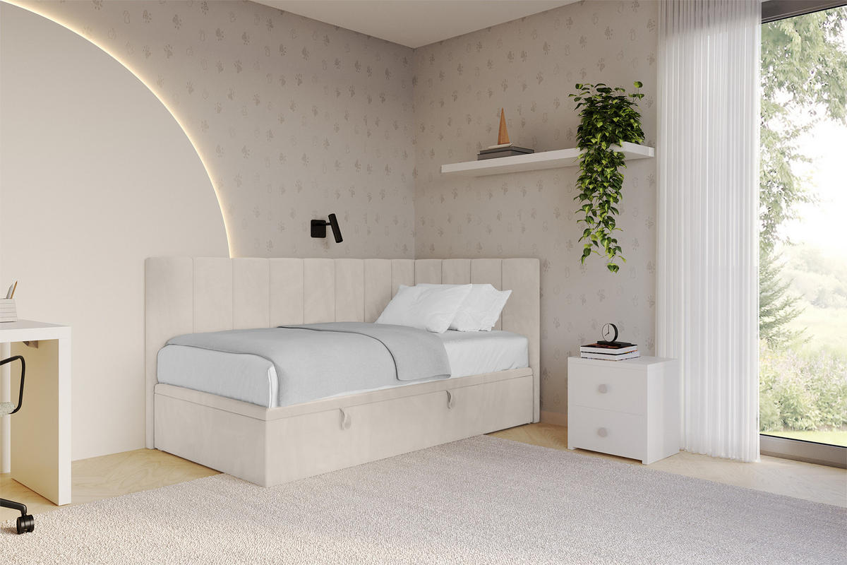 EINZELBETT Jugendbett mit Bettkasten Links, ohne Matratze - LOVY 100x200 Beige - Beige, Holzwerkstoff/Textil (100/200cm) - ALTDECOR